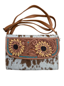Sunflower Tan & White Tooled Leather Wallet Bag