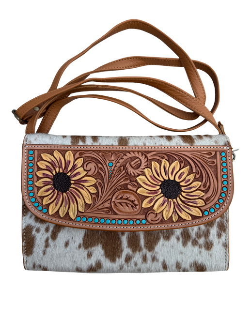Sunflower Tan & White Tooled Leather Wallet Bag