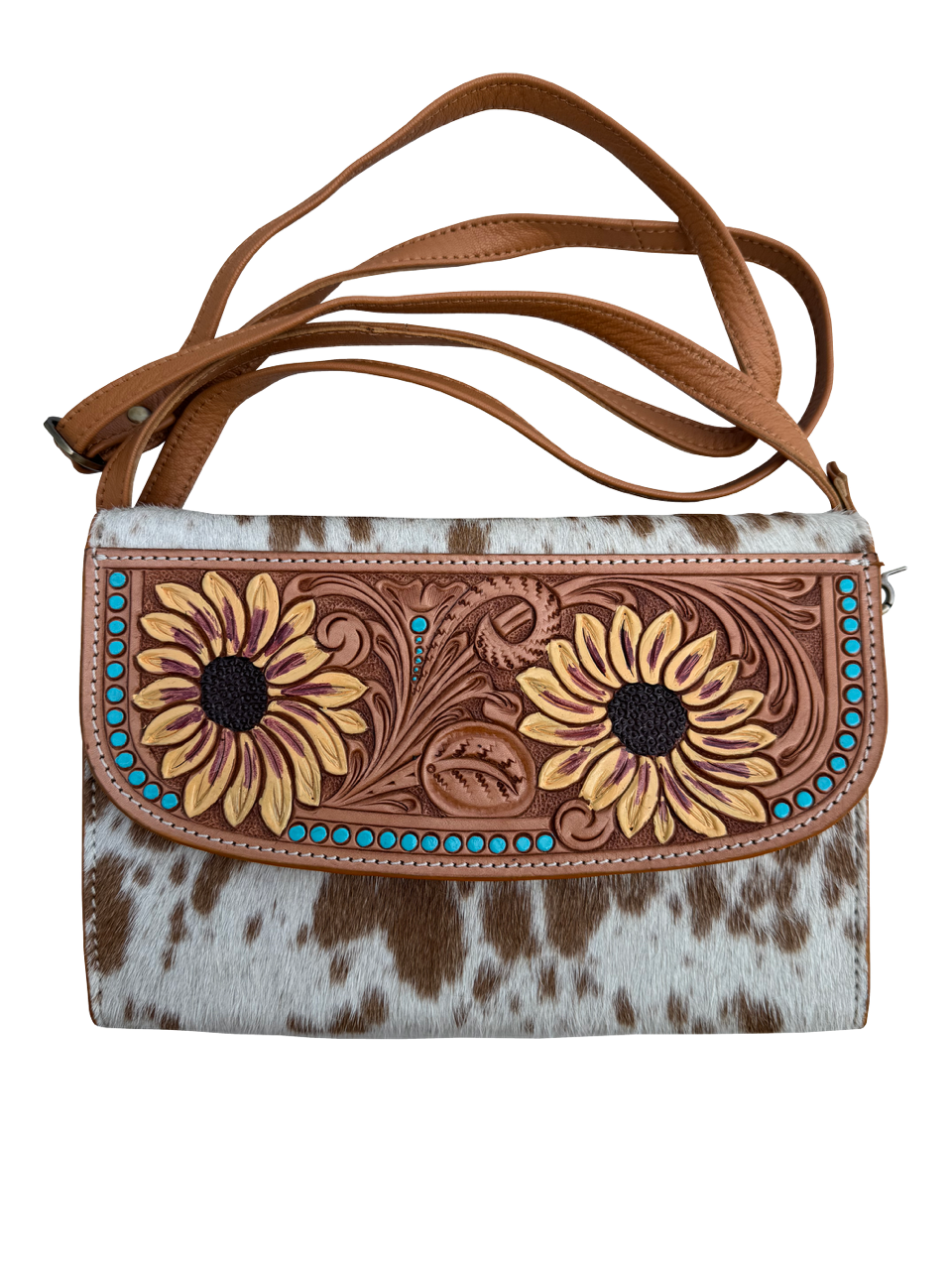 Sunflower Tan & White Tooled Leather Wallet Bag