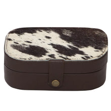 Load image into Gallery viewer, Travel Jewellery Box Brown &amp; White Cowhide Leather