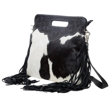 Load image into Gallery viewer, Cusco Black &amp; White Tooled Leather Cowhide Bag with Fringing