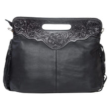 Load image into Gallery viewer, Cusco Black &amp; White Tooled Leather Cowhide Bag with Fringing