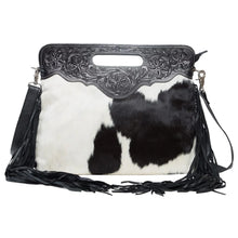 Load image into Gallery viewer, Cusco Black &amp; White Tooled Leather Cowhide Bag with Fringing