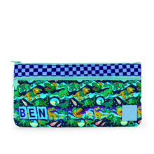 Load image into Gallery viewer, Pencil case with colorful dinosaur pattern and checkered blue top, featuring the name &#39;Ben&#39;.
