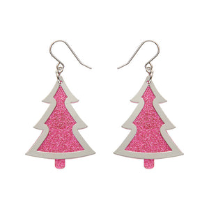 Silver/Pink Christmas Tree Drop Earrings - Erstwilder Merry Kitschmas