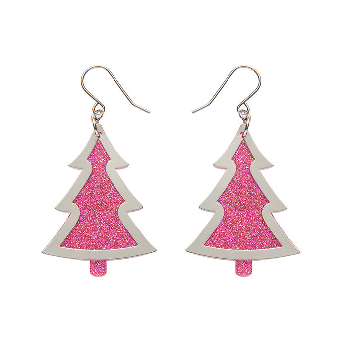 Silver/Pink Christmas Tree Drop Earrings - Erstwilder Merry Kitschmas