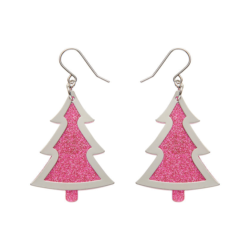 Silver/Pink Christmas Tree Drop Earrings - Erstwilder Merry Kitschmas