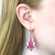 Load image into Gallery viewer, Silver/Pink Christmas Tree Drop Earrings - Erstwilder Merry Kitschmas