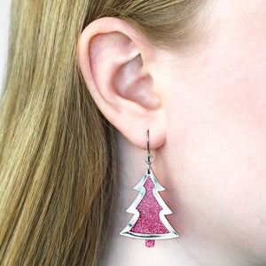 Silver/Pink Christmas Tree Drop Earrings - Erstwilder Merry Kitschmas