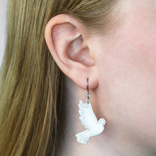 Load image into Gallery viewer, Silver White Dove Drop Earrings - Erstwilder Merry Kitschmas