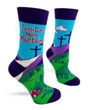 Load image into Gallery viewer, A pair of crew socks with a colorful landscape design and the text 'Faith Can Move Mountains' on a white background.