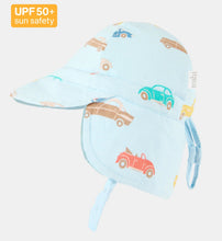 Load image into Gallery viewer, Children's sun hat with car pattern and UPF 50+ label on a white background