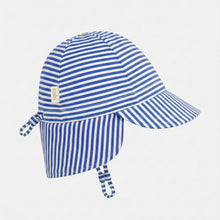 Load image into Gallery viewer, A blue and white striped sun hat with a chin strap, photographed on a clean white background.
