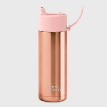 Load image into Gallery viewer, Pink and rose gold water bottle with 'Frank Green' branding on a light gray background