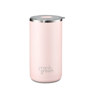 Pink reusable plunger/coffee cup with silver lid on a white background, branded 'frank green'.