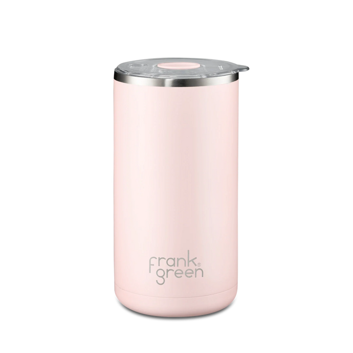 Pink reusable plunger/coffee cup with silver lid on a white background, branded 'frank green'.
