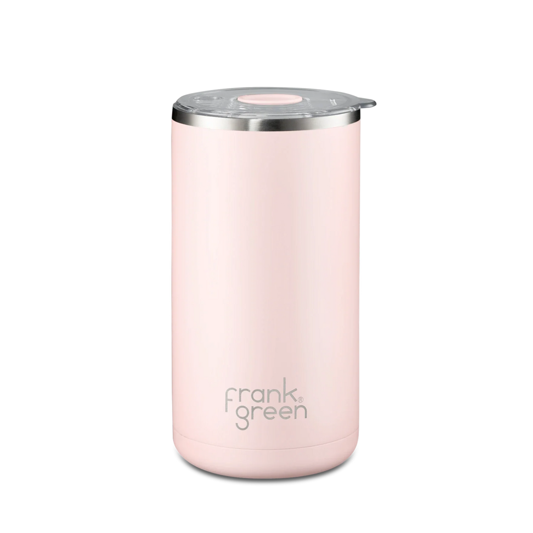 Pink reusable plunger/coffee cup with silver lid on a white background, branded 'frank green'.