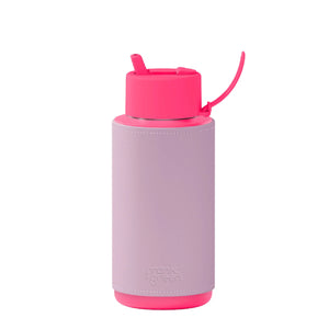 Neon Pink Bottle with Lilac Haze Cactus Leather Sleeve 34oz/1L - Frank Green