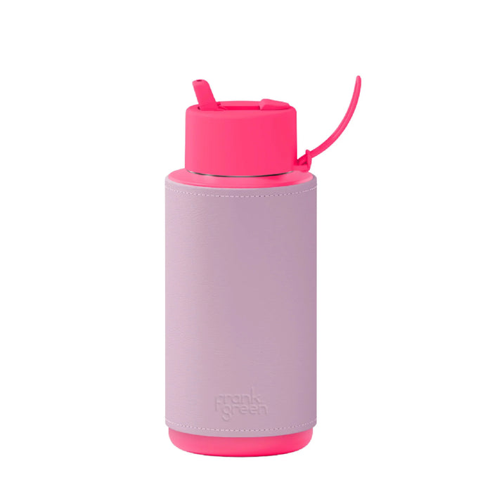 Neon Pink Bottle with Lilac Haze Cactus Leather Sleeve 34oz/1L - Frank Green