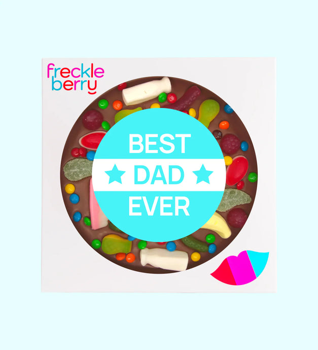 Chocolate treat with colorful candies and 'Best Dad Ever' text, branded 'Freckleberry'.