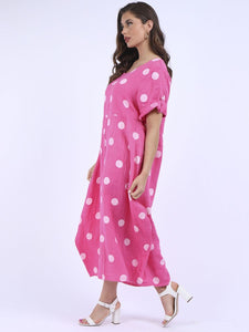 'Dot' Fuchsia Polka Dot Print Oversized 100% Linen Slouchy Dress
