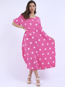 'Dot' Fuchsia Polka Dot Print Oversized 100% Linen Slouchy Dress