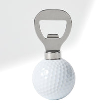 Load image into Gallery viewer, A novelty bottle opener shaped like a white golf ball with a silver metal top lever, shown on a clean white background.