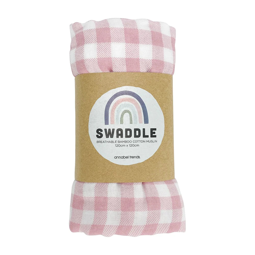 Pink Clay Gingham Bamboo/Cotton Muslin Swaddle