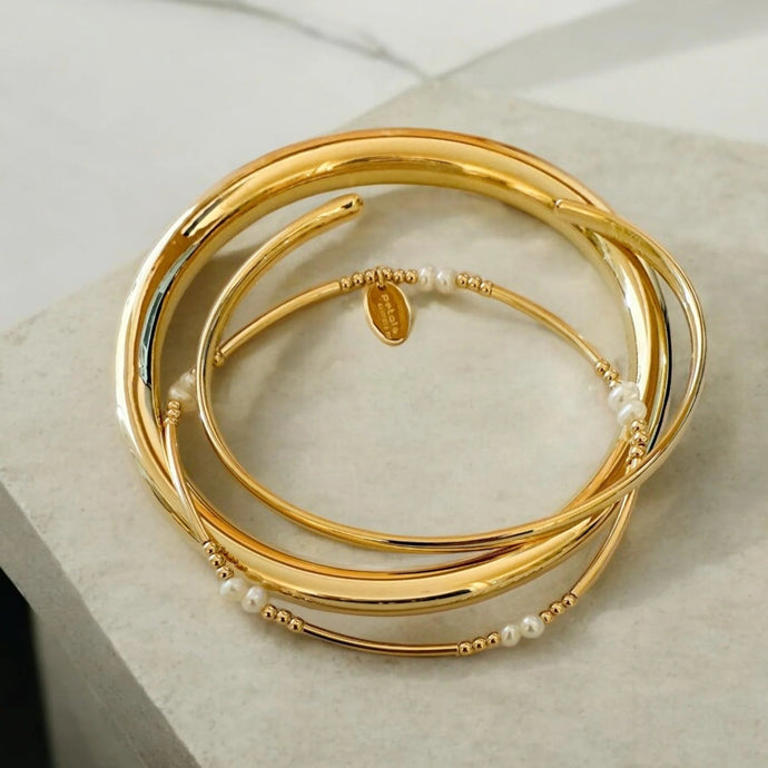 14K Gold Bracelet, Cuff + Bangle Stack