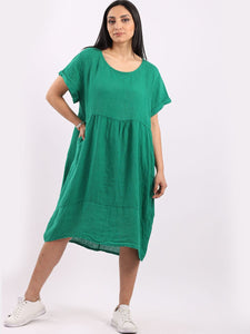 'Anna' Green 100% Linen Dress with Pockets
