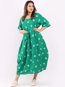 'Dot' Green Polka Dot Print Oversized 100% Linen Slouchy Dress