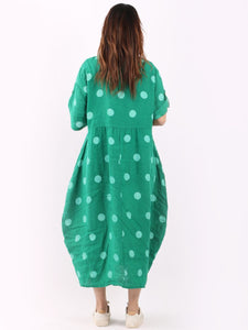 'Dot' Green Polka Dot Print Oversized 100% Linen Slouchy Dress