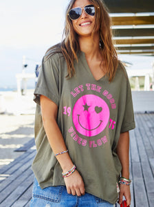 Khaki Smily V-Neck Tee - Hammill & Co