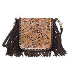 Load image into Gallery viewer, Brown Hand Carved Tooled Leather Flap Sling Bag with Fringing
