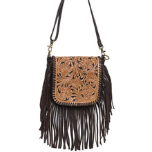 Load image into Gallery viewer, Brown Hand Carved Tooled Leather Flap Sling Bag with Fringing
