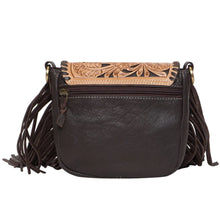 Load image into Gallery viewer, Brown Hand Carved Tooled Leather Flap Sling Bag with Fringing