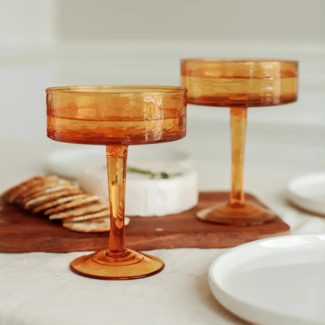 Set of 2 Amber Handblown Coupe Cocktail Glasses