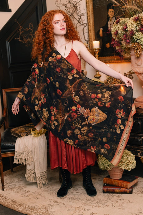 'Heart Of Gold' Scarf with Swallow & Sacred Heart Print - Market of Stars