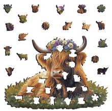 Load image into Gallery viewer, Highland Cow Floral Crown Wooden Puzzle