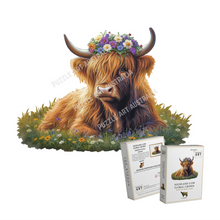 Load image into Gallery viewer, Highland Cow Floral Crown Wooden Puzzle