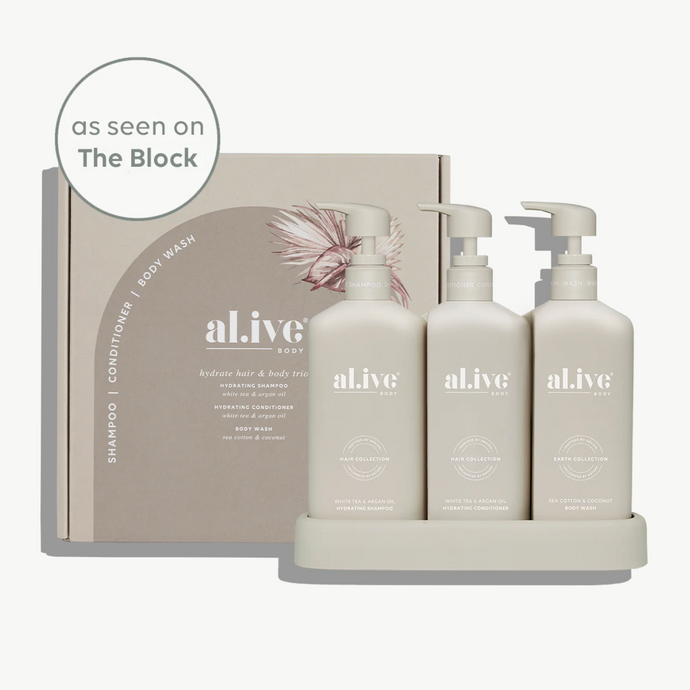 Set of 'alive' skincare products with a box on a white background