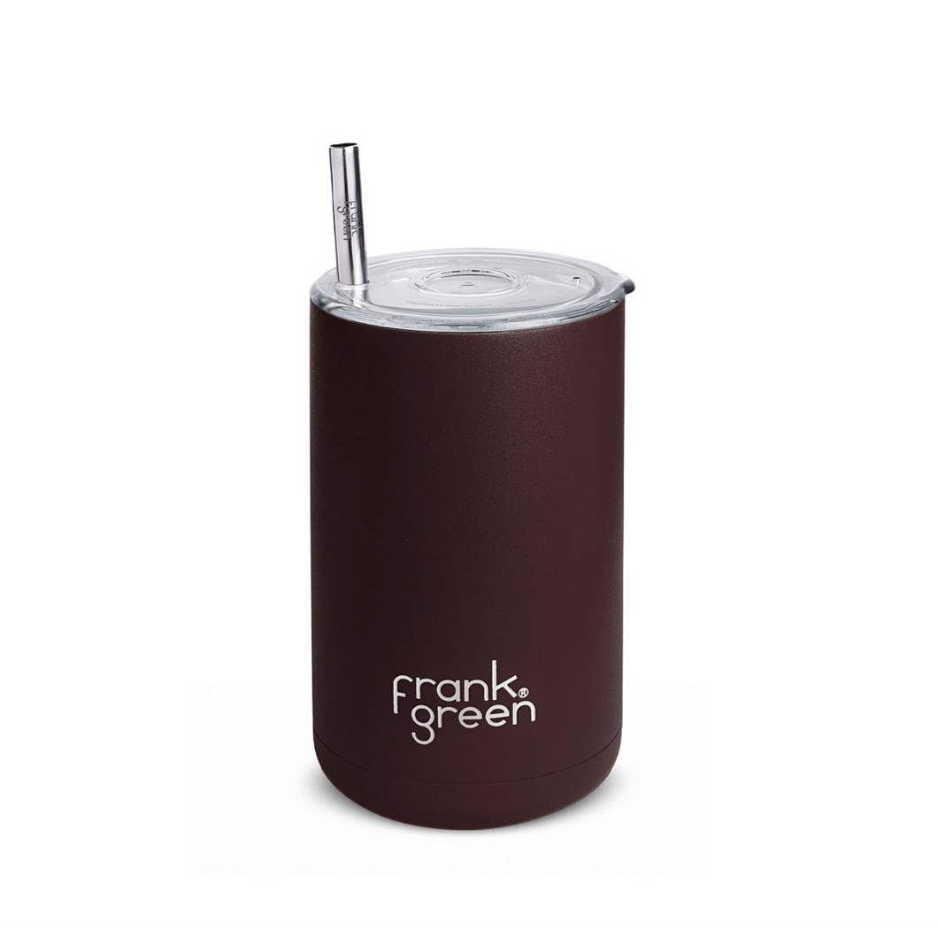 Brown reusable cup with straw and lid on a white background, featuring the brand 'Frank Green'.