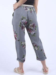 'Rhoda' Charcoal Floral Print Linen Trouser