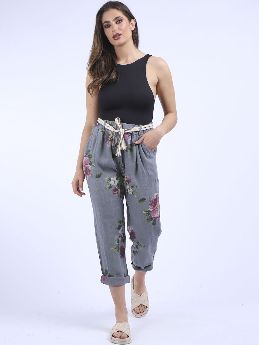 'Rhoda' Charcoal Floral Print Linen Trouser