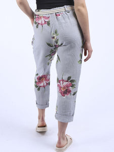 'Rhoda' Grey Floral Print Linen Trouser