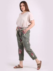 'Rhoda' Khaki Floral Print Linen Trouser