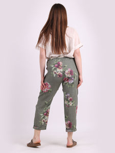 'Rhoda' Khaki Floral Print Linen Trouser
