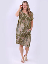Load image into Gallery viewer, Olive Floral Print 100% Linen Dress with Pockets