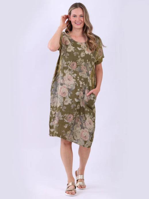 Olive Floral Print 100% Linen Dress with Pockets