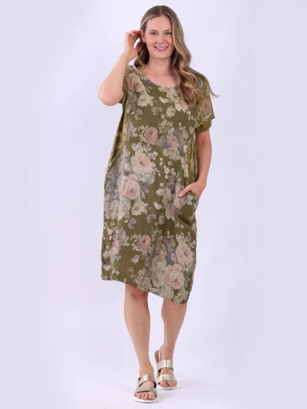 Olive Floral Print 100% Linen Dress with Pockets